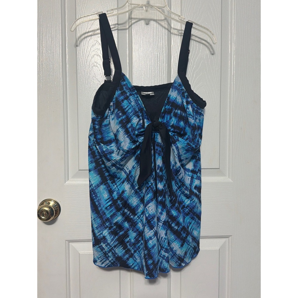 Avenue Womens Plus Size 20W Blue Black Abstract Flyaway Tankini Swim Top Tie Dye